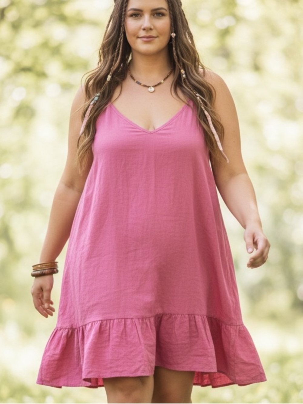 SHEIN Pink V-Neck Ruffle Hem Mini Dress